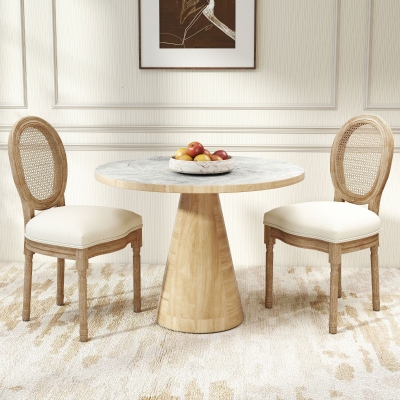 HOMCOM set van 2 eetkamerstoelen vintage keukenstoel gestoffeerde stoel met rotan rugleuning linnen touch rubber hout wit 49 x 56 x 96 cm