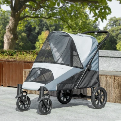 PawHut Hondenwagen, Opvouwbare Hondenbuggy voor Grote Honden, Huisdierenwagen met 4 Wielen, Veiligheidslijnen, Remmen, Grijs