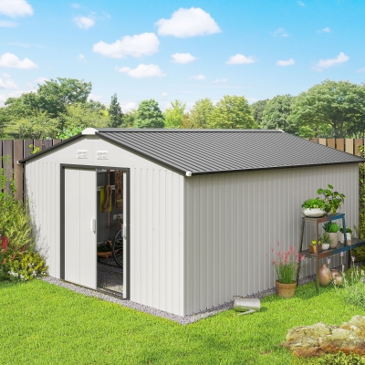 Outsunny Abrigo de Jardim Exterior para Armazenamento de Ferramentas com 4 Janelas 12,4 m² 340x386x200 cm Branco e Cinza Escuro