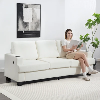 HOMCOM 3-Seater Sofa USB Ports & Cup Holders Cream White