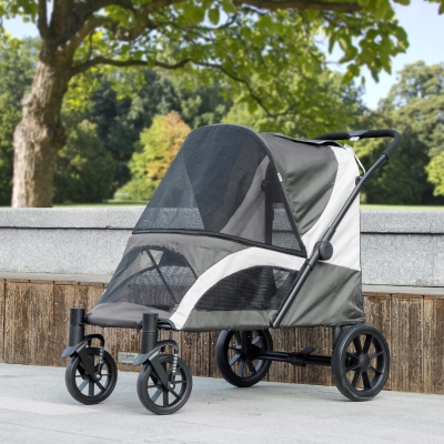 PawHut Hondenwagen, Opvouwbare Hondenbuggy voor Grote Honden, Huisdierkar met 4 Wielen, Veiligheidslijnen, Remmen, Donkergrijs