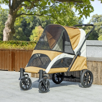 PawHut Hondenwagen, Opvouwbare hondenbuggy voor grote honden, huisdierenwagen met 4 wielen, veiligheidslijnen, remmen, bruin
