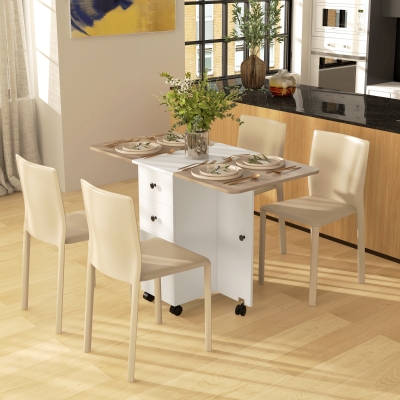 HOMCOM Mesa Plegable de Comedor con Ruedas Alas Abatibles 2 Cajones y Armario Hasta 6 Personas 120x60x76,5 cm Blanco y Natural