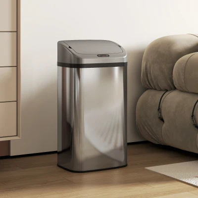 HOMCOM Balde de Lixo Automático para Cozinha 48 L Sensor Infravermelho Fechamento Automático Antimarcas Aço Inoxidável 33x25x69 cm Prata