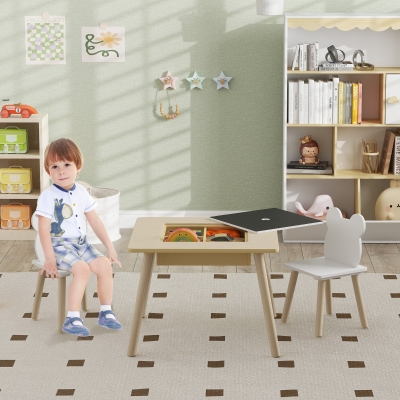 AIYAPLAY Juego de Mesa y 2 Sillas Infantiles de Madera con Compartimentos y Pizarra Desmontable 60x60x44 cm Natural y Blanco