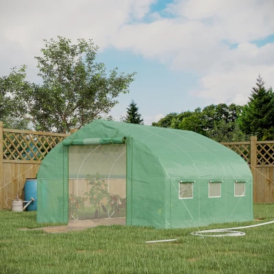 Outsunny Estufa Tipo Túnel 347x300x200 cm Estufa de Jardim com Porta Enrolável 6 Janelas Cobertura PE 140g/m²  Verde