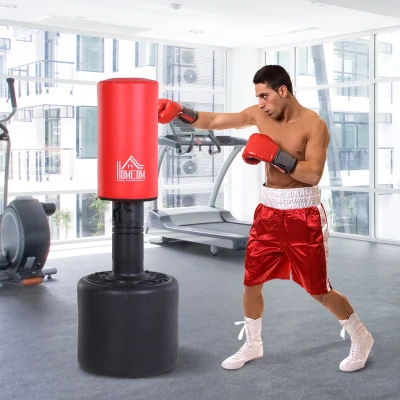 HOMCOM Sac de frappe boxe autoportant punching ball hauteur réglable Ø 56 x 145-172 cm HDPE rouge noir