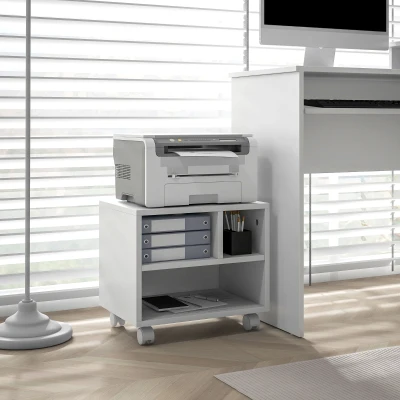 HOMCOM Móvel para Impressora com Rodas Suporte para Impressora com Compartimentos Abertos para Escritório Estúdio 40x30x36 cm Branco