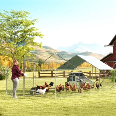 PawHut Gallinero Metálico de Exterior de 3x6m con Percha Multiusos Comedero Colgante Tipo Brocheta y Lona Protectora Resistente