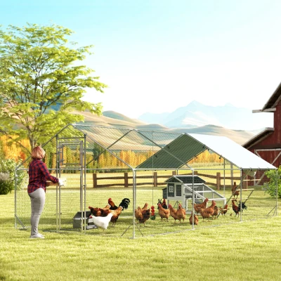 PawHut Gallinero Metálico de Exterior de 3x6m con Percha Multiusos Comedero Colgante Tipo Brocheta y Lona Protectora Resistente