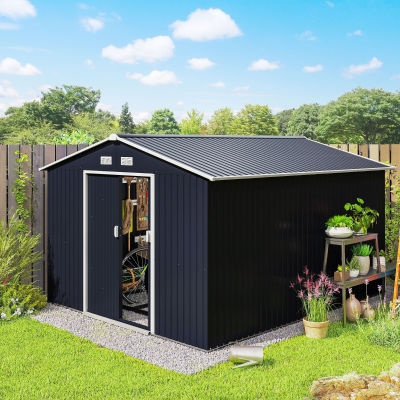 Outsunny Cobertizo de Jardín 8,3 m² 277x322x192 cm con 2 Puertas Corredizas Base Refuerzo (Suelo NO Incluido) Gris