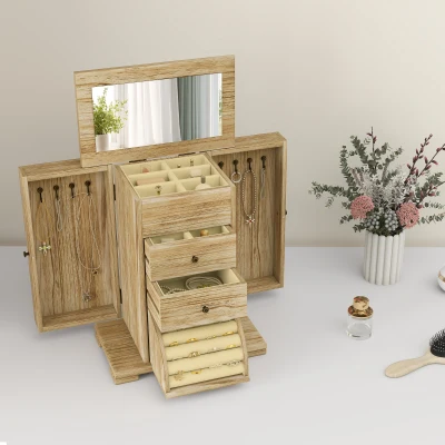 HOMCOM Caixa Joias de Madeira de 4 Níveis Organizador de Joias com 2 Gavetas e Espelho 26,5x16x33,5 cm  Madeira