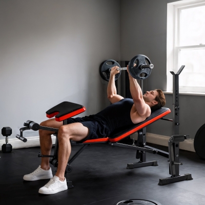 HOMCOM Banco de Pesas Multifuncional Banco de Musculación con Respaldo Ajustable Soporte de Barras Extensión de Piernas Almohadilla de Predicador Mariposa Entrenamiento en Gimnasio Oficina Negro