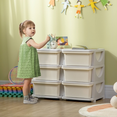 HOMCOM Torre de Almacenamiento Infantil con 6 Cajones Organizador de Juguetes con Bordes Redondeados y Asas 75x37x56,5 cm Crema