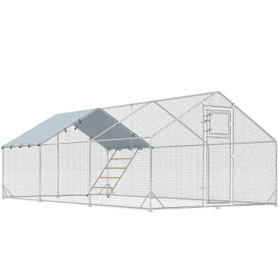 PawHut Gallinero Metálico de Exterior de 3x6m con Percha Multiusos Comedero Colgante Tipo Brocheta y Lona Protectora Resistente