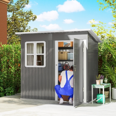 Outsunny Gartenschuppen, Gartenhaus mit Fenster, verschließbare Tür, für Garten, Terrasse, Stahl, 221L x 133B x 190H cm, Grau