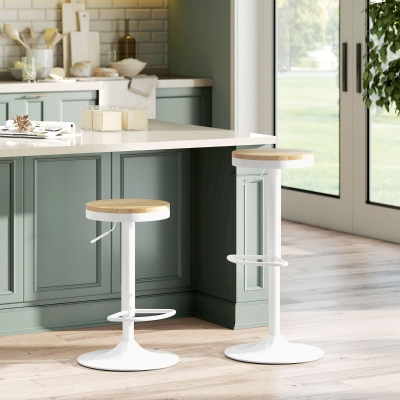 HOMCOM Conjunto de 2 Bancos de Bar Giratórios Bancos Altos de Cozinha com Descanso para Pés 38,5x38,5x60-80 cm Madeira e Branco