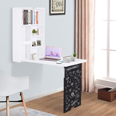 HOMCOM Mesa de Pared Plegable con Pizarra y Estantes Espaciosos Fácil Montaje Escritorio Auxiliar de Pared 60x94,5x147 cm Blanco