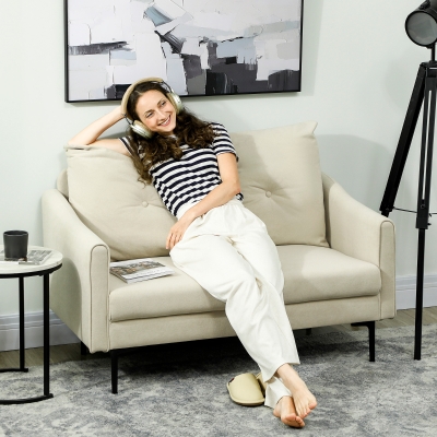 HOMCOM 2-zitsbank met schuimvulling en stofbekleding, voor woonkamer, slaapkamer, metalen frame, crèmewit