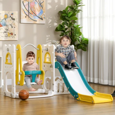 AIYAPLAY Tobogán Infantil 6 en 1 con Columpio y Tobogán Telescopio Aro de Baloncesto Espacio de Almacenamiento Multicolor