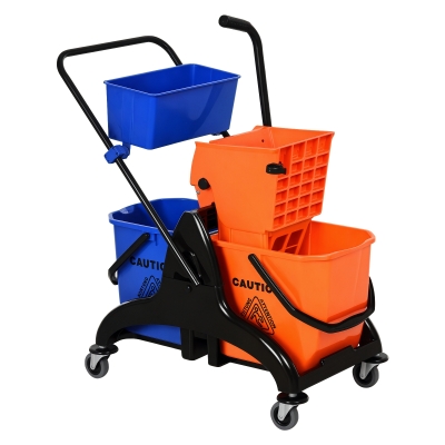 HOMCOM Cubo para Fregona Comercial Cubeta de Trapeador con Escurridor de Presión Abajo Capacidad de 26L con 4 Ruedas Silenciosas Doble Cubetas Separadas 78x45x95 cm Naranja y Azul