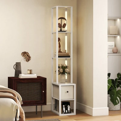 HOMCOM Candeeiro de Pé Moderno com Prateleiras Abertas Gaveta de Tecido e Interruptor de Pé 43,5x26,5x169 cm Branco