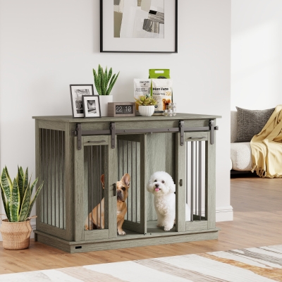 PawHut Hundekäfig mit 2 Türen, Hundebox, Transportbox für Hunde, rustikales Design, verriegelbar, Grau