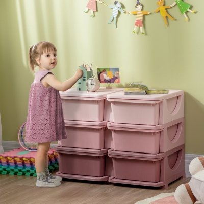 HOMCOM Torre de Almacenamiento Infantil con 6 Cajones Organizador de Juguetes con Bordes Redondeados y Asas 75x37x56,5 cm Rosa