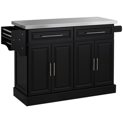 HOMCOM Ilha de Cozinha com Rodas Bancada de Aço Inoxidável 2 Gavetas 4 Portas e 2 Prateleiras Ajustáveis 145x45x93 cm Preto