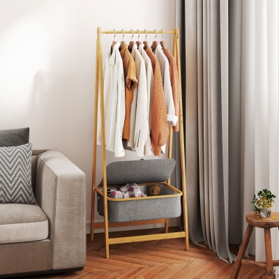HOMCOM Burro para Ropa Plegable de Bambú con Cesta de Tela con Tapa para Recibidor Entrada Dormitorio 60x44,5x157,5 cm Gris