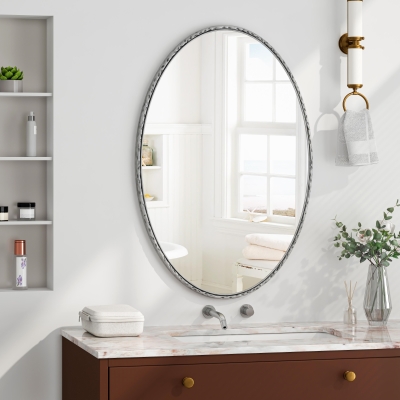 Miroir rétro ovale avec cadre en fer, Argenté