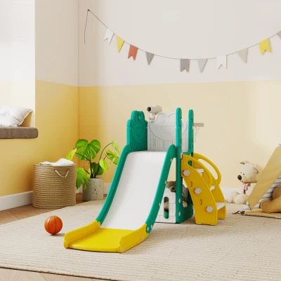 AIYAPLAY 5-in-1 Kinderrutschenset, Teleskop, Basketballkorb, Kunststoff, Gelb+Grün