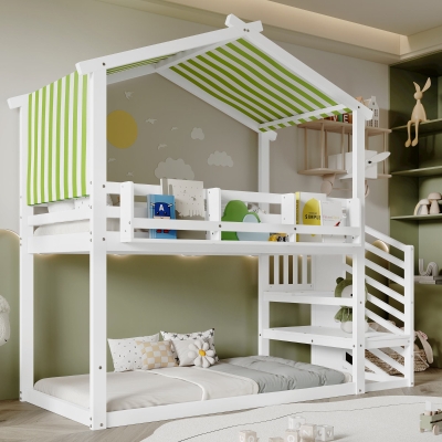 3ft Bunk Bed with Decorative Canopy, White+Green