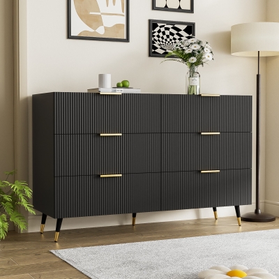 Elegant Sideboard with 6 Drawers, Black+Gold