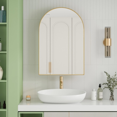 Armoire murale avec miroir arqué et cadre en métal, Or