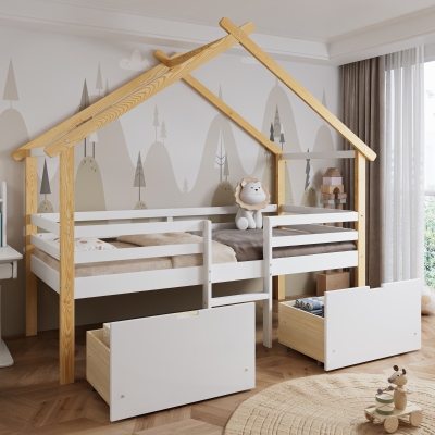 3ft Children's Bed with 2 Storage Drawers, White+Natural