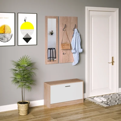 Set 3 Piese Dulap Pantofi, Cuier, Oglinda 80x27x46.5cm lemn-alb