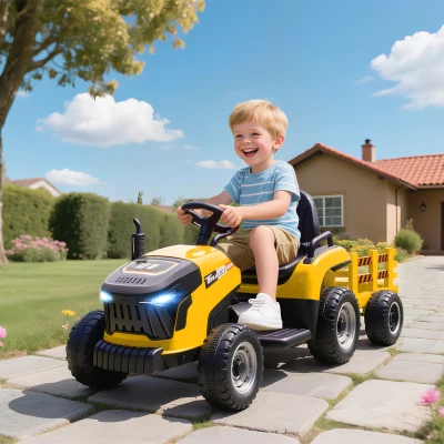 AIYAPLAY 12V Ride-On Tractor with Trailer Yellow
