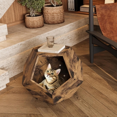 Niche pour chat polygonale avec veinure de bois, Marron