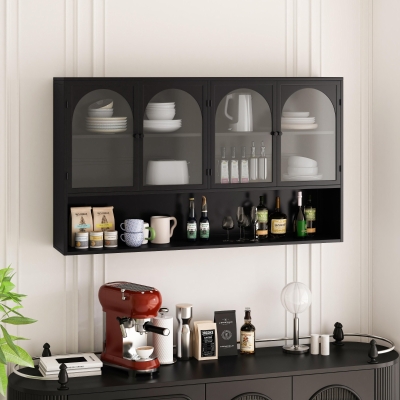Armoire murale avec quatre portes en verre et étagère, Noir