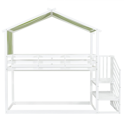 3ft Bunk Bed with Decorative Canopy, White+Green