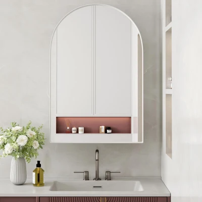 Armoire murale avec miroir arqué et cadre en métal, Blanc