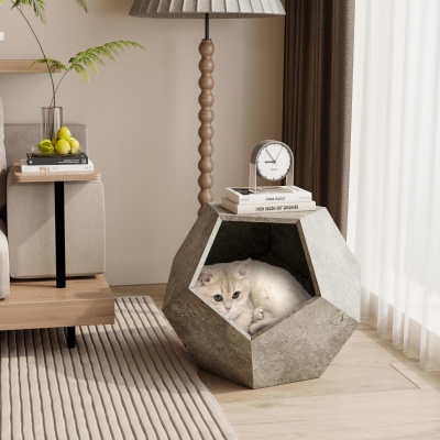 Niche pour chat polygonale avec veinure de bois, Gris