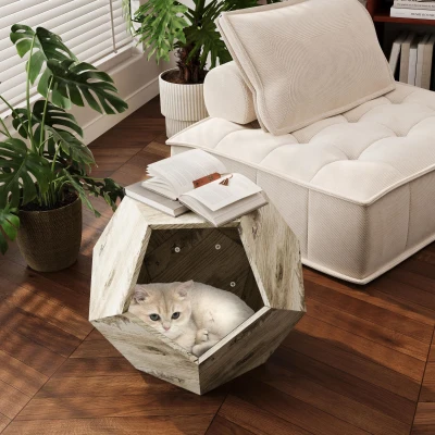 Cuccia per gatti poligonale con venatura del legno, Bianco quercia