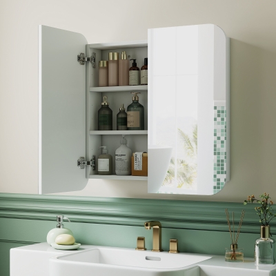 HOMCOM Armario de Baño con Espejo Diseño con Bordes Curvados 2 Puertas Estantes Ajustables 68x13x66 cm Blanco
