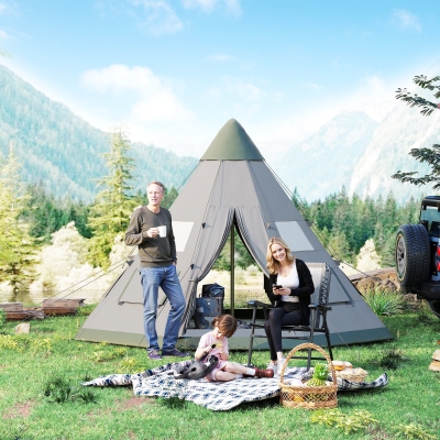 Outsunny 6 Men Tipi Tent with Carry Bag - Grey