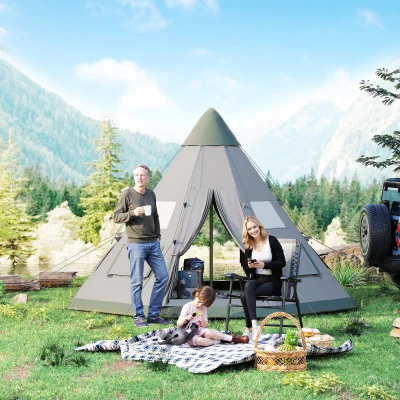 Outsunny 6-Man Tipi Tent Gray with Mesh Windows 2 Doors