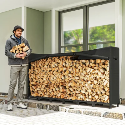 Outsunny Metallisches Außen-Holzregal für Kaminholzständer mit wasserdichter Abdeckung und Stahlketten 235x31x116 cm Schwarz