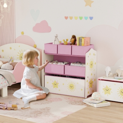 AIYAPLAY Étagère Enfant 3 Niveaux avec 6 Boîtes Tissu Rose