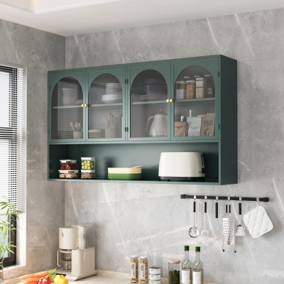 Armoire murale avec quatre portes en verre et étagère, Vert foncé